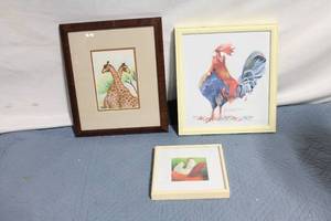 lot 91 image: Set of 3 Framed Art Pieces Giraffes, Rooster, and Chickens