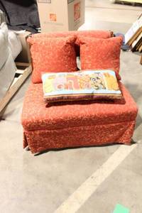 lot 98 image: Vintage Red Upholstered Accent Chair with Decorative Pillows