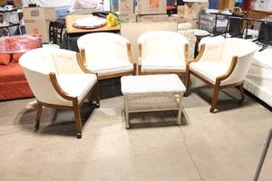 lot 99 image: Vintage Set of 4 Club Chairs with White Upholstery and Wood Frame