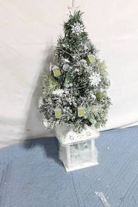 lot 100 image: Snow Frosted Tabletop Christmas Tree with Lighted Village Scene