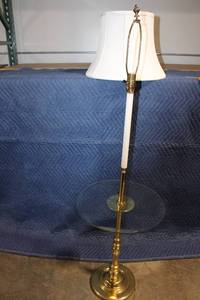 lot 103 image: Vintage Brass Floor Lamp with Glass Table and White Shade