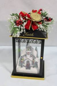lot 129 image: Decorative Lantern with Snowy Church Scene and Holiday Topper