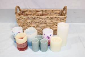 lot 133 image: Set of Decorative Candles and Woven Basket