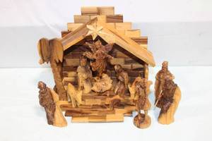lot 142 image: Hand-Carved Wooden Nativity Scene with Angel and Figures