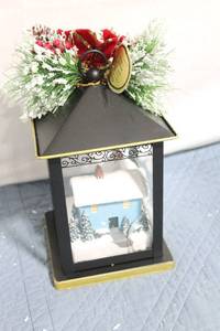 lot 148 image: Battery-Operated Winter Lantern with Miniature House Scene and Holiday Decorations