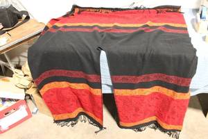 lot 157 image: Vintage Red and Black Tapestry Throw with Fringe Design