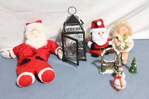 lot 164 image: Assorted Christmas Decorations including Santa Claus Dolls and Merry & Bright Lantern