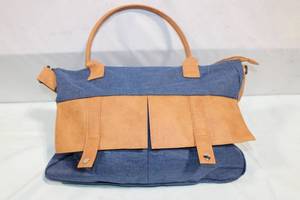 lot 190 image: Stylish Blue and Tan Canvas Tote Bag with Adjustable Strap