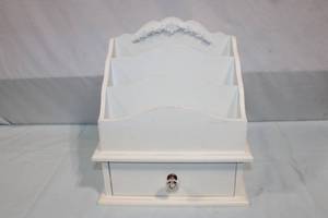 lot 200 image: White Wooden Desk Organizer with Drawer and Floral Accent