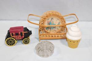 lot 206 image: Collection of Vintage Coasters, Ice Cream Timer, and Wells Fargo Stagecoach Bank