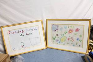 lot 236 image: Pair of Framed Childrens Artwork with Floral and Thank You Themes