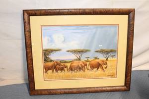 lot 240 image: Framed African Elephant Watercolor by N. Ndevani
