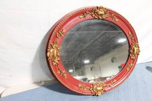 lot 289 image: Vintage Ornate Oval Mirror with Red and Gold Frame