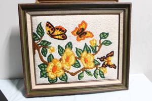 lot 300 image: Framed Vintage Needlepoint Art with Floral and Butterfly Design