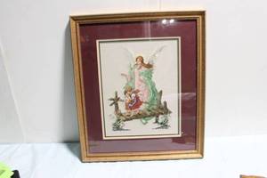 lot 301 image: Framed Angelic Cross-Stitch Artwork with Children