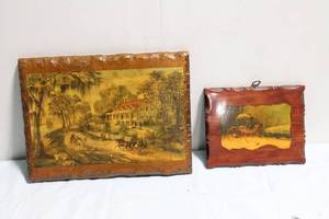 lot 302 image: Vintage Wooden Framed Artwork Set with Scenic & Carriage Designs