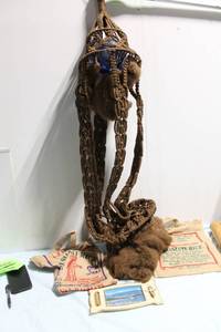 lot 304 image: Antique Woven Macrame Hanging Basket with Wool Decor & Collectibles