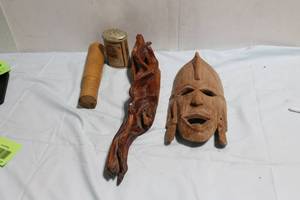 lot 305 image: Collection of African Wood Carvings and Vintage Cheese Tin