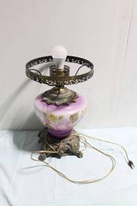 lot 309 image: Antique Floral Ceramic Table Lamp with Decorative Metal Accents
