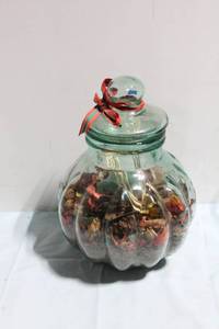 lot 310 image: Decorative Glass Jar with Potpourri and Lid Ribbon
