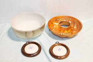 lot 311 image: Lot of Kitchenware Ceramic Bowl, Copper Mold, and Floral Wall Plaques