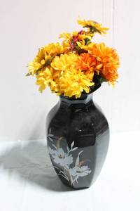 lot 317 image: Black Vase with Floral Design and Artificial Flowers