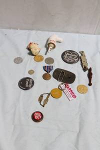 lot 330 image: Assorted Vintage Collectibles and Coins with Shaving Permit Badge