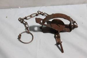 lot 333 image: Vintage Rusty Steel Leg-Hold Trap with Chain