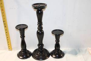 lot 381 image: Set of 3 Black Wooden Candle Holders