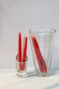 lot 393 image: Set of 2 Glass Vases with Red Taper Candles