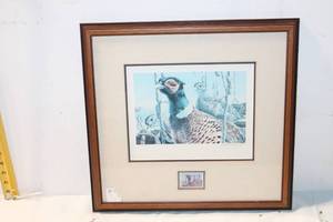 lot 410 image: Framed Pheasant Print with 1989 Minnesota Habitat Stamp