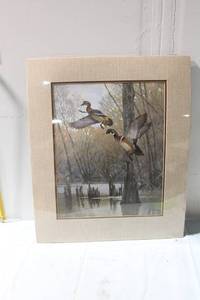 lot 422 image: Framed Art Print by L. Blanc Featuring Ducks in Flight