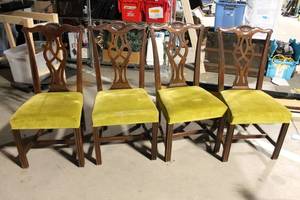 lot 477 image: Set of 4 Vintage Wooden Dining Chairs with Yellow Upholstered Seats