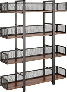 lot L-29 image: 4 Tier Solid Pine Wood and Metal Frame Industrial Bookshelf, Bookcase with Mesh Barriers for Bedroom, Office, Living Room, or Classroom, Black