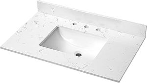 lot H-73 image: 36x22 Engineered Stone Bathroom Vanity Countertop with Rectangular Ceramic Middle Sink, 8 Inch Faucet Fixture Spacing with Backsplash Bathroom Sink Vanity Top (Cabinet Not Included)
