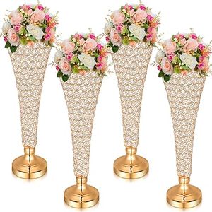 lot H-128 image: Rtteri 4 Pcs Crystal Trumpet Flower Vase 20 Inch Tall Wrought Iron Crystal Vase Flower Stand Centerpieces Wedding Table Decor for Home Anniversary Ceremony Party Event Christmas(Gold)