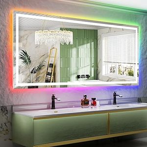 lot B-162 image: 88x38 Inch RGB LED Bathroom Mirror Front Lit and RGB Backlit Lighted Vanity Mirror for Bathroom Wall Dimmable Anti Fog