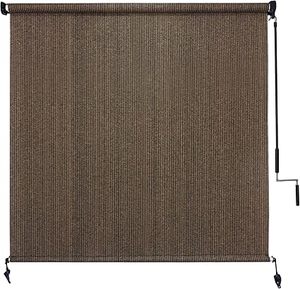 lot P-199 image: Amagenix Outdoor Roller Shades 8(W) X 6(H), Exterior Cordless Patio Shades Roll Up Outdoor Blinds with 90% UV Protection, Two-Section Poles with One-Piece Fabric, Mocha