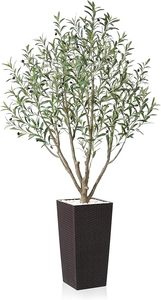 lot H-224 image: Artificial Olive Tree, 6FT Fake Olive Tree in Brown Tall Planter with Natural Pebbles,UV Resistant Faux Olive Silk Tree