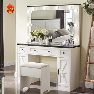 lot H-231 image: Farmhouse Vanity Desk with Hollywood Makeup Mirror
