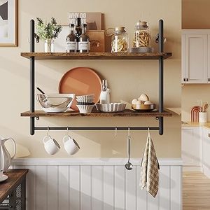 lot L-237 image: Bestier Pipe Shelf Industrial Floating Shelving 31 Kitchen Wall-Mounted Shelf with Towel Bar Hooks Coffee Bar Shelf Wine