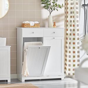lot L-263 image: Haotian Tilt-Out Bathroom Laundry Cabinet Hidden Hamper Organizer with Double Baskets and Drawers Storing Unit Storage Chest Cupboard, White