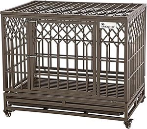 lot S-275 image: SMONTER Heavy Duty Dog Crate Strong Metal Pet Kennel Playpen with Two Prevent Escape Lock, Large Dogs Cage with Wheels, Y Shape, Brown (Strengthen-38INCH, Brown)
