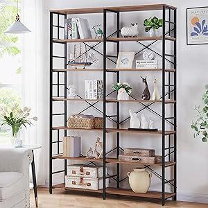 lot L-278 image: HOMISSUE Bookshelf, Industrial Double Wide 7-Tier Bookshelves, 84 Tall Bookcase with Open Shelves, Heavy Duty Bookcases with Storage for Living Room Home Office, Rustic Brown