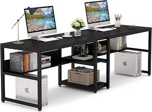 lot O-296 image: Tribesigns Two Person Desk with Bookshelf, 78.7 Computer Office Double Desk for Two Person, Rustic Writing Desk Workstation with Shelf for Home Office (Black)