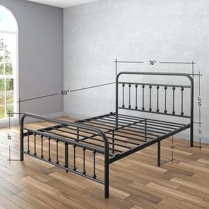 lot B-466 image: Vintage Wrought Iron Bed Frame with Classic Metal Platform Base, Headboard and Footboard, No Box Spring Needed, Easy Assembly, Mattress Foundation, Noise-Free, Sleek Black Finish - King Size