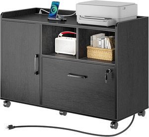 lot O-257 image: Rolanstar File Cabinet with Charging Station, Mobile Lateral Filing Cabinet with Locking Drawer, Printer Stand with Open Storage Shelf with Wheels