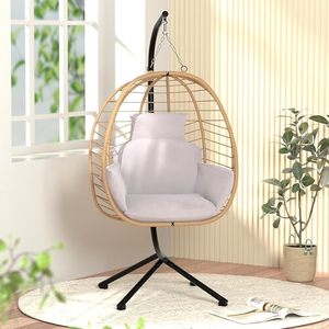 lot H-408 image: Hanging Egg Chair with Adjustable Stand,Wicker Rattan Hammock Swing Egg Chair with Cushion Headrest for Patio,Bedroom,Balcony Furniture,350LBS Capacity