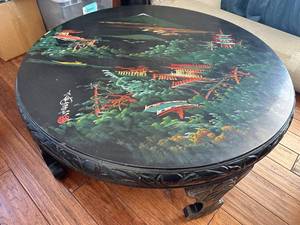 Vintage Asian Hand Painted and Hand Carved Black Coffee Table
