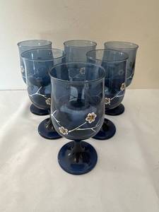 Set of 6 Blue Libby Dogwood Floral Glass Goblets